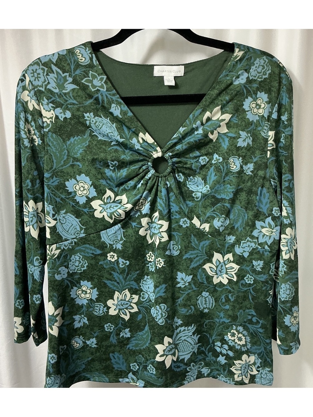 Charter Club green floral 3/4 sleeve top large office boho casual work cottage